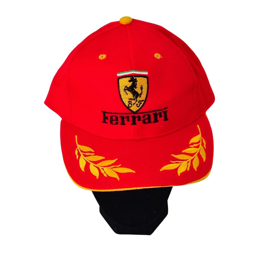 Red Ferrari Embroidered Baseball Cap Hat Gold Emblems Adjustable Hook & Loop